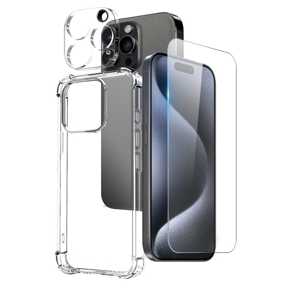 NORTHJO iPhone 15 Pro 3-i-1 Beskyttelsessæt m. Stødabsorberende Fleksibelt Plastik Cover & Hærdet Skærmbeskyttelsesglas & Kameralinseglas - Gennemsigtig