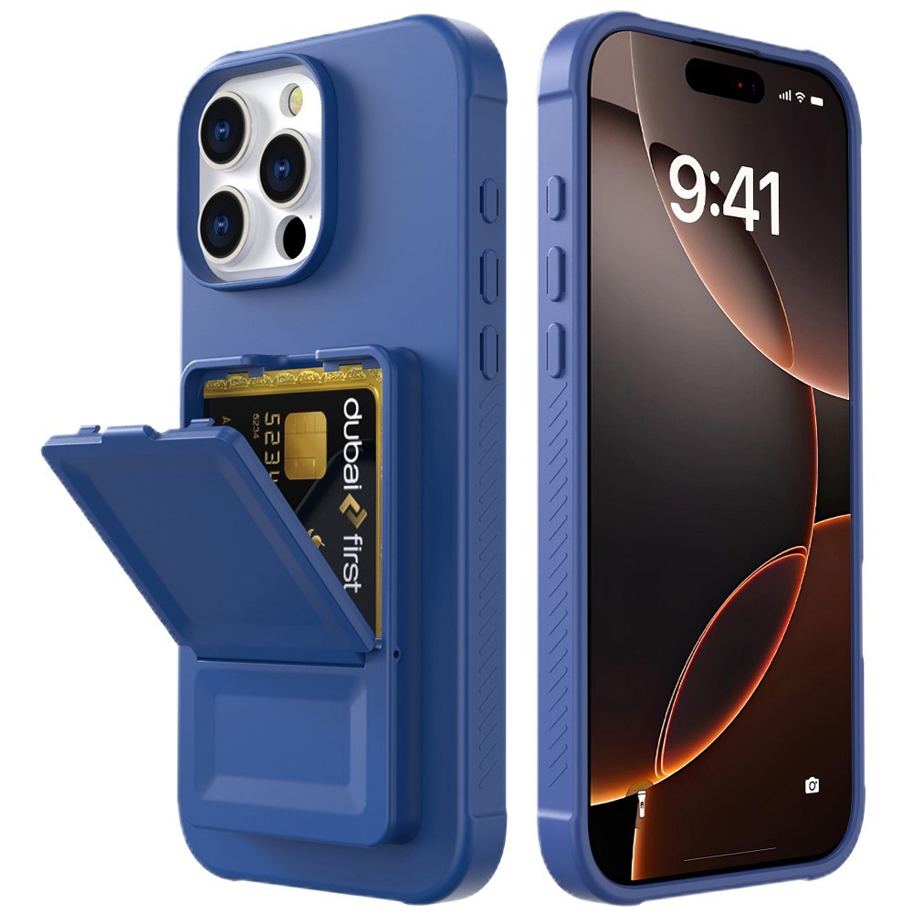 EIDERWOOD iPhone 16 Pro Max Fleksibelt Plastik Cover m. Kortholder & Indbygget Spejl - Blå