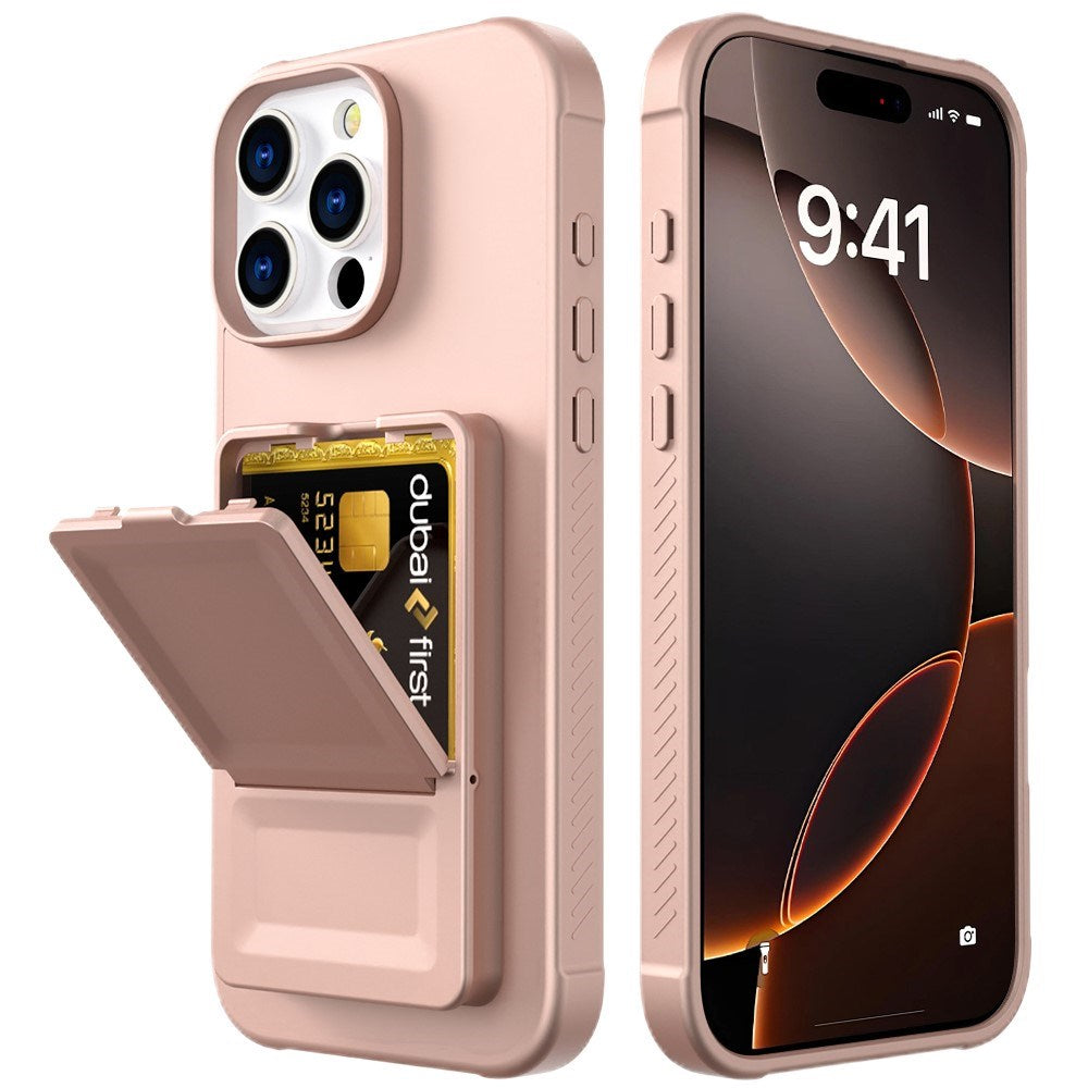 EIDERWOOD iPhone 16 Pro Fleksibelt Plastik Cover m. Kortholder & Indbygget Spejl - Rose Gold