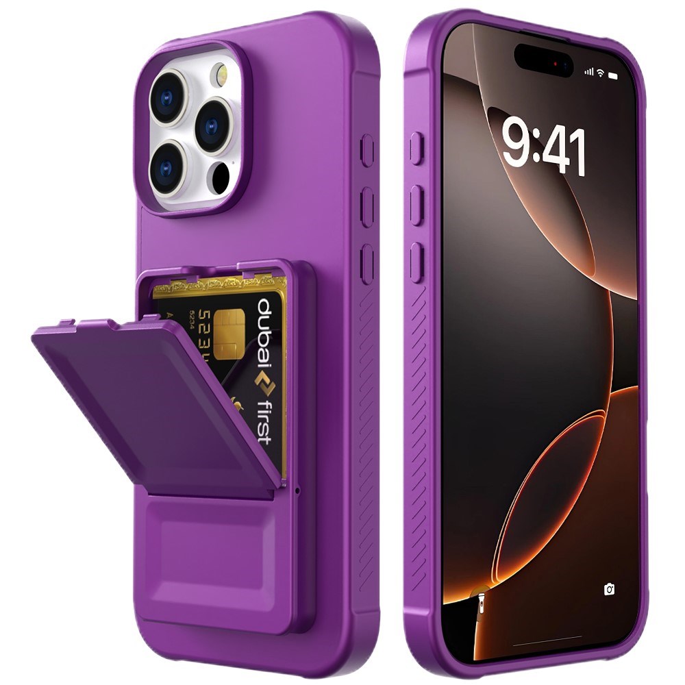 EIDERWOOD iPhone 16 Pro Fleksibelt Plastik Cover m. Kortholder & Indbygget Spejl - Mørkelilla