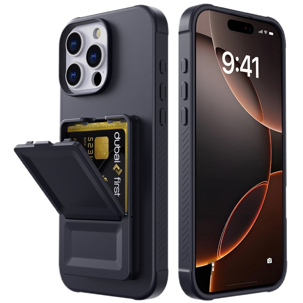EIDERWOOD iPhone 16 Pro Fleksibelt Plastik Cover m. Kortholder & Indbygget Spejl - Sort