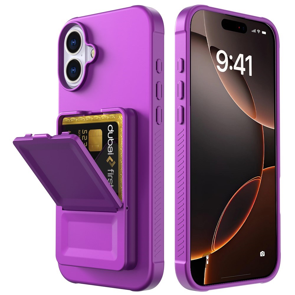 EIDERWOOD iPhone 16 Fleksibelt Plastik Cover m. Kortholder & Indbygget Spejl - Mørkelilla