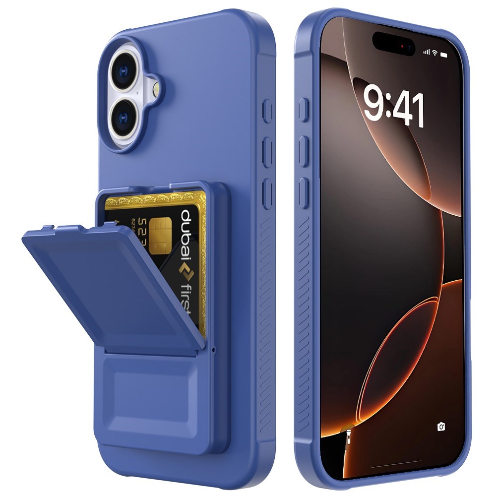 EIDERWOOD iPhone 16 Fleksibelt Plastik Cover m. Kortholder & Indbygget Spejl - Blå