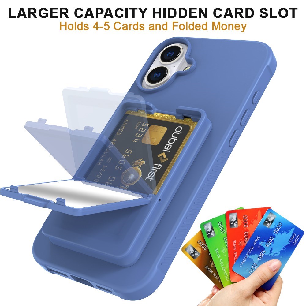 EIDERWOOD iPhone 16 Fleksibelt Plastik Cover m. Kortholder & Indbygget Spejl - Blå