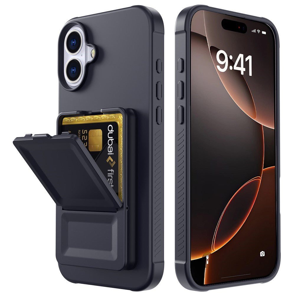 EIDERWOOD iPhone 16 Fleksibelt Plastik Cover m. Kortholder & Indbygget Spejl - Sort