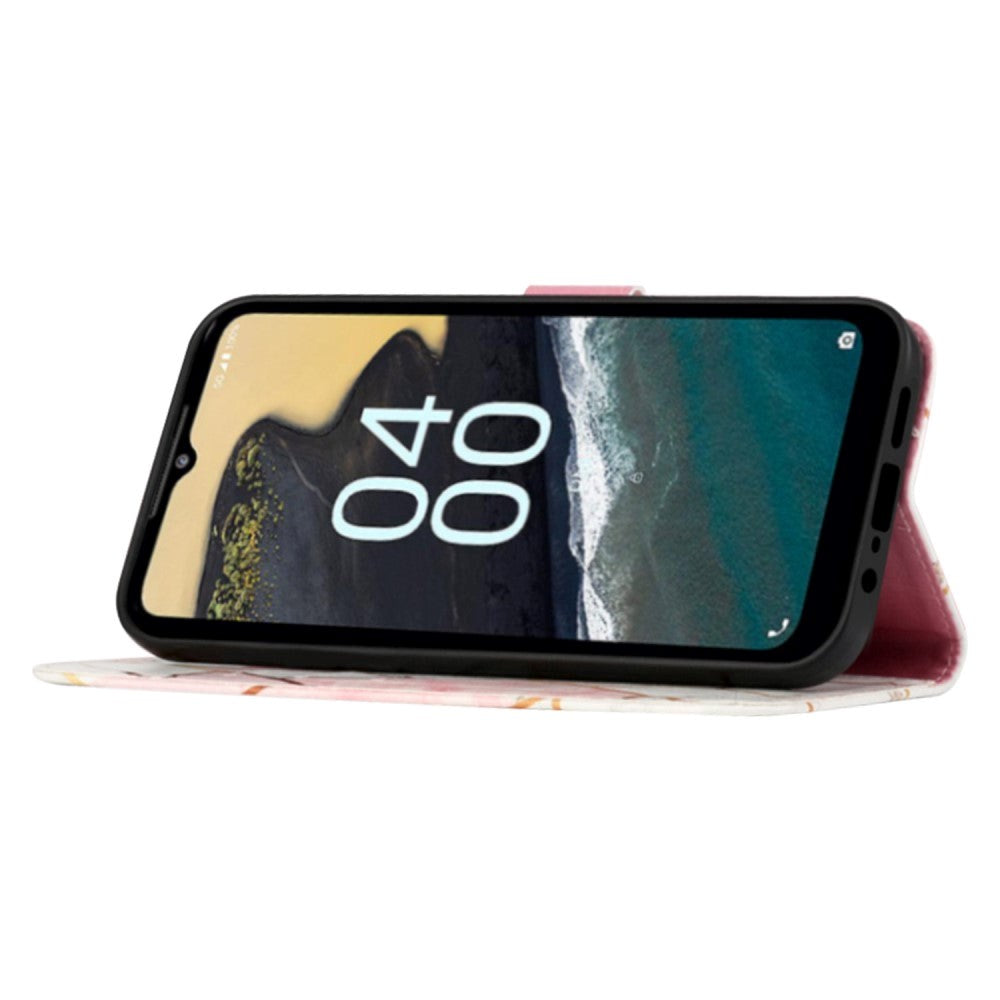Nokia G60 Blødt Læder Cover m. Pung - Marmor - Pink / Hvid