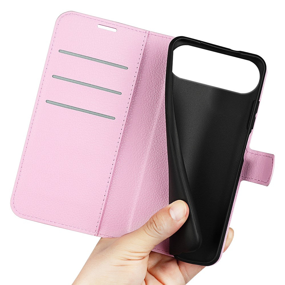 EIDERWOOD iPhone Air Litchi Flip Cover m. Indbygget Kortholder & Ståfunktion - Lyserød