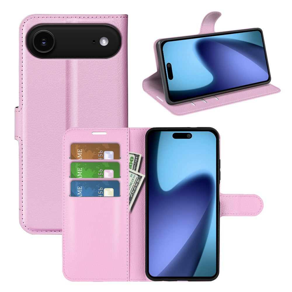 EIDERWOOD iPhone Air Litchi Flip Cover m. Indbygget Kortholder & Ståfunktion - Lyserød