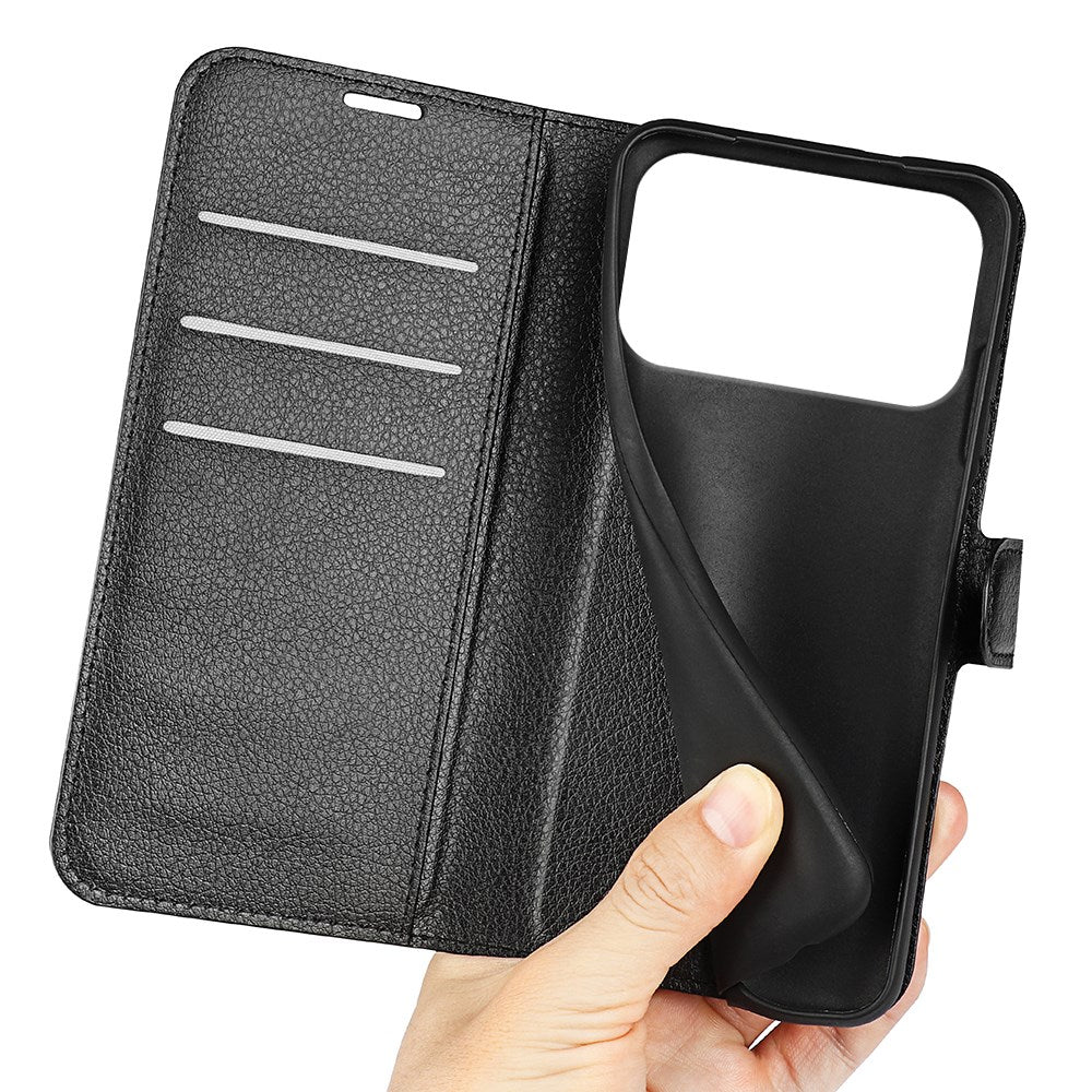 EIDERWOOD iPhone 17 Pro Litchi Flip Cover m. Indbygget Kortholder & Ståfunktion - Sort