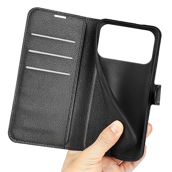 EIDERWOOD iPhone 17 Pro Litchi Flip Cover m. Indbygget Kortholder & Ståfunktion - Sort