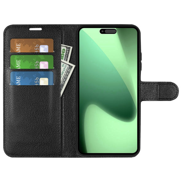 EIDERWOOD iPhone 17 Pro Litchi Flip Cover m. Indbygget Kortholder & Ståfunktion - Sort