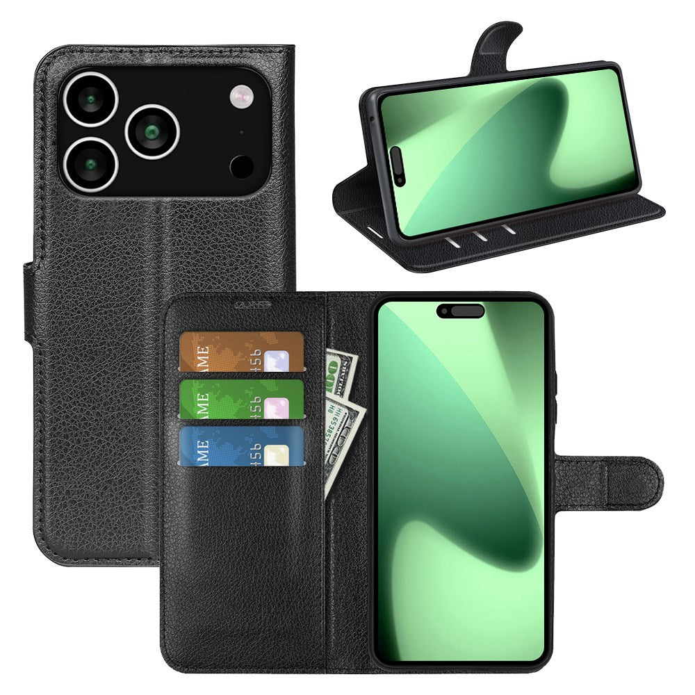EIDERWOOD iPhone 17 Pro Litchi Flip Cover m. Indbygget Kortholder & Ståfunktion - Sort