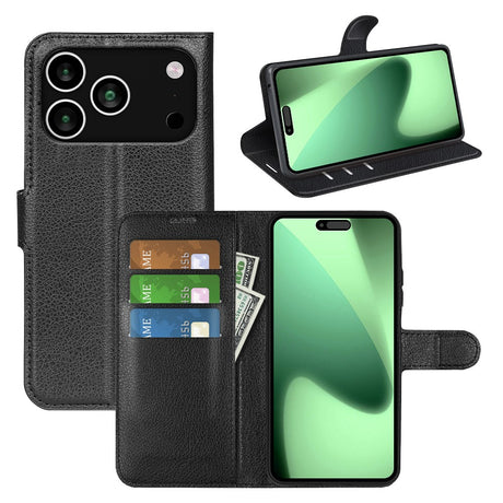 EIDERWOOD iPhone 17 Pro Litchi Flip Cover m. Indbygget Kortholder & Ståfunktion - Sort