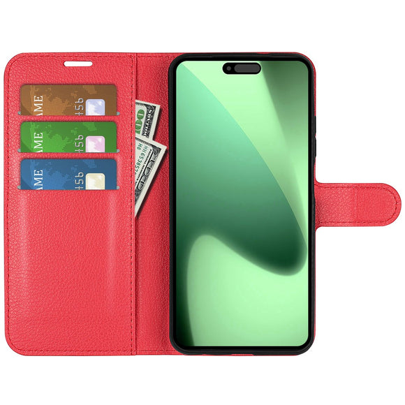 EIDERWOOD iPhone 17 Pro Litchi Flip Cover m. Indbygget Kortholder & Ståfunktion - Rød