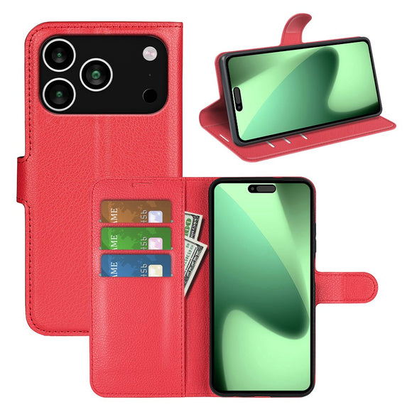 EIDERWOOD iPhone 17 Pro Litchi Flip Cover m. Indbygget Kortholder & Ståfunktion - Rød