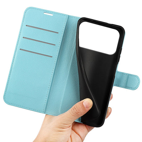 EIDERWOOD iPhone 17 Pro Litchi Flip Cover m. Indbygget Kortholder & Ståfunktion - Blå