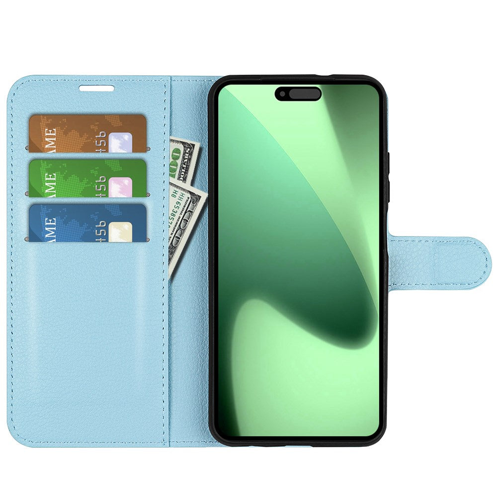 EIDERWOOD iPhone 17 Pro Litchi Flip Cover m. Indbygget Kortholder & Ståfunktion - Blå