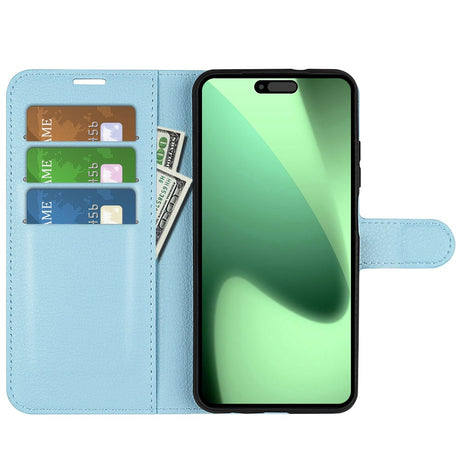 EIDERWOOD iPhone 17 Pro Litchi Flip Cover m. Indbygget Kortholder & Ståfunktion - Blå