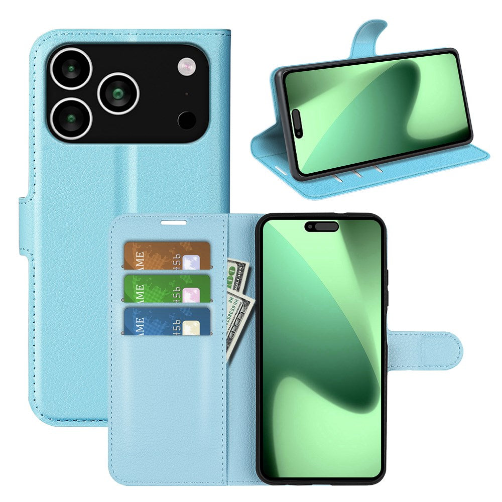 EIDERWOOD iPhone 17 Pro Litchi Flip Cover m. Indbygget Kortholder & Ståfunktion - Blå