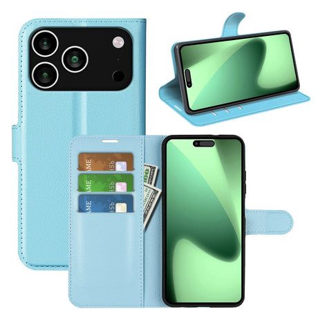 EIDERWOOD iPhone 17 Pro Litchi Flip Cover m. Indbygget Kortholder & Ståfunktion - Blå