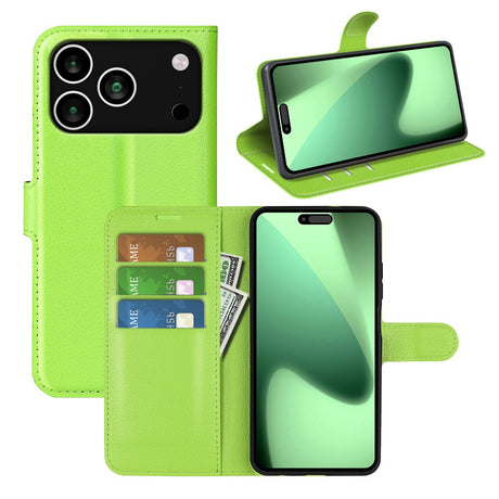 EIDERWOOD iPhone 17 Pro Litchi Flip Cover m. Indbygget Kortholder & Ståfunktion - Grøn