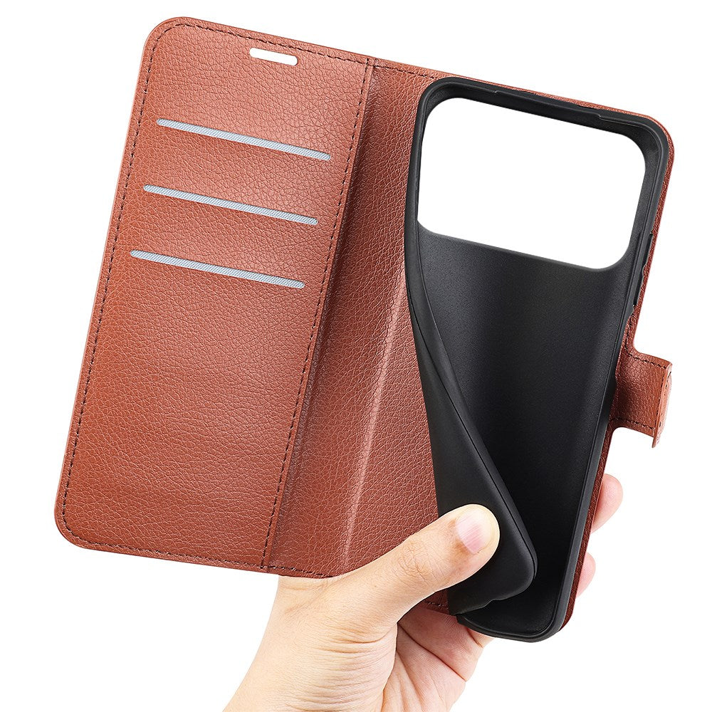 EIDERWOOD iPhone 17 Pro Litchi Flip Cover m. Indbygget Kortholder & Ståfunktion - Brun