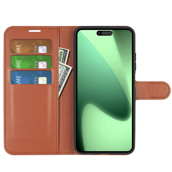 EIDERWOOD iPhone 17 Pro Litchi Flip Cover m. Indbygget Kortholder & Ståfunktion - Brun