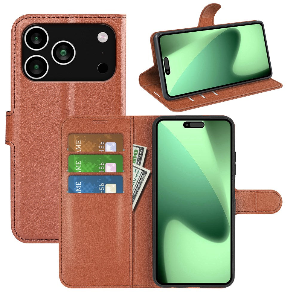 EIDERWOOD iPhone 17 Pro Litchi Flip Cover m. Indbygget Kortholder & Ståfunktion - Brun