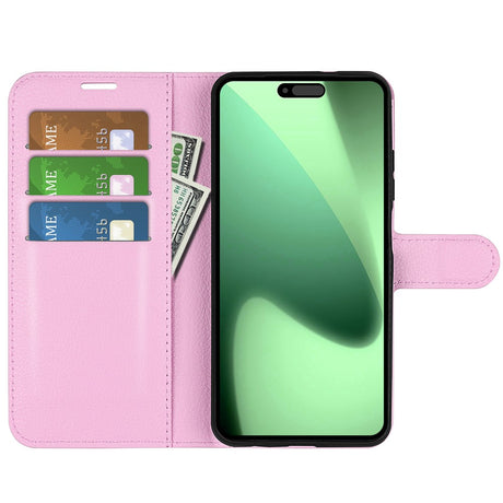 EIDERWOOD iPhone 17 Pro Litchi Flip Cover m. Indbygget Kortholder & Ståfunktion - Lyserød