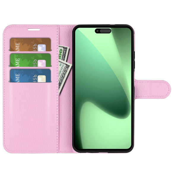 EIDERWOOD iPhone 17 Pro Litchi Flip Cover m. Indbygget Kortholder & Ståfunktion - Lyserød