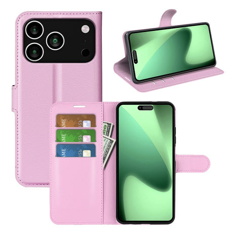 EIDERWOOD iPhone 17 Pro Litchi Flip Cover m. Indbygget Kortholder & Ståfunktion - Lyserød