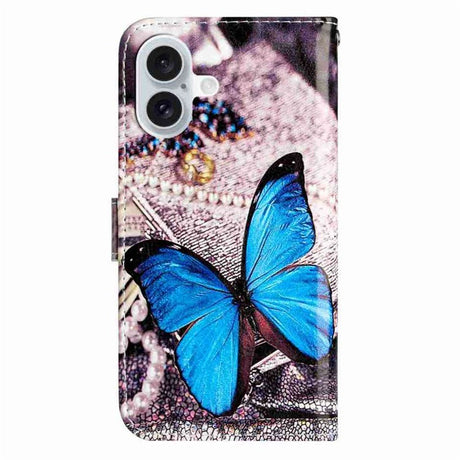 EIDERWOOD iPhone 17 Imiteret Læder Cover m. Pung & Strop - Blå Sommerfugl