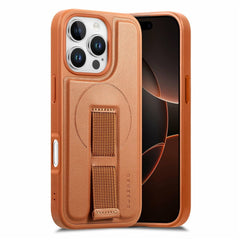 iPhone 16 Pro Hårdt Plastik Cover m. Kunstlæder Bagside & Fingerrem - MagSafe Kompatibel - Brun