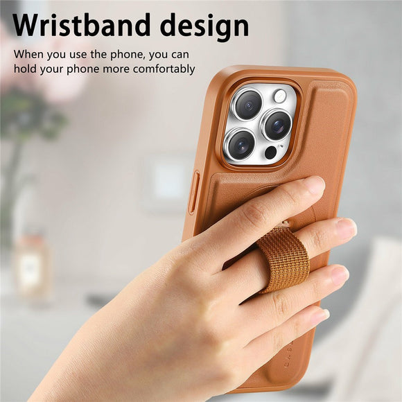 iPhone 16 Pro Hårdt Plastik Cover m. Kunstlæder Bagside & Fingerrem - MagSafe Kompatibel - Brun