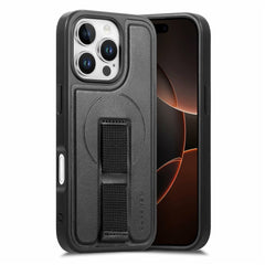 iPhone 16 Pro Hårdt Plastik Cover m. Kunstlæder Bagside & Fingerrem - MagSafe Kompatibel - Sort