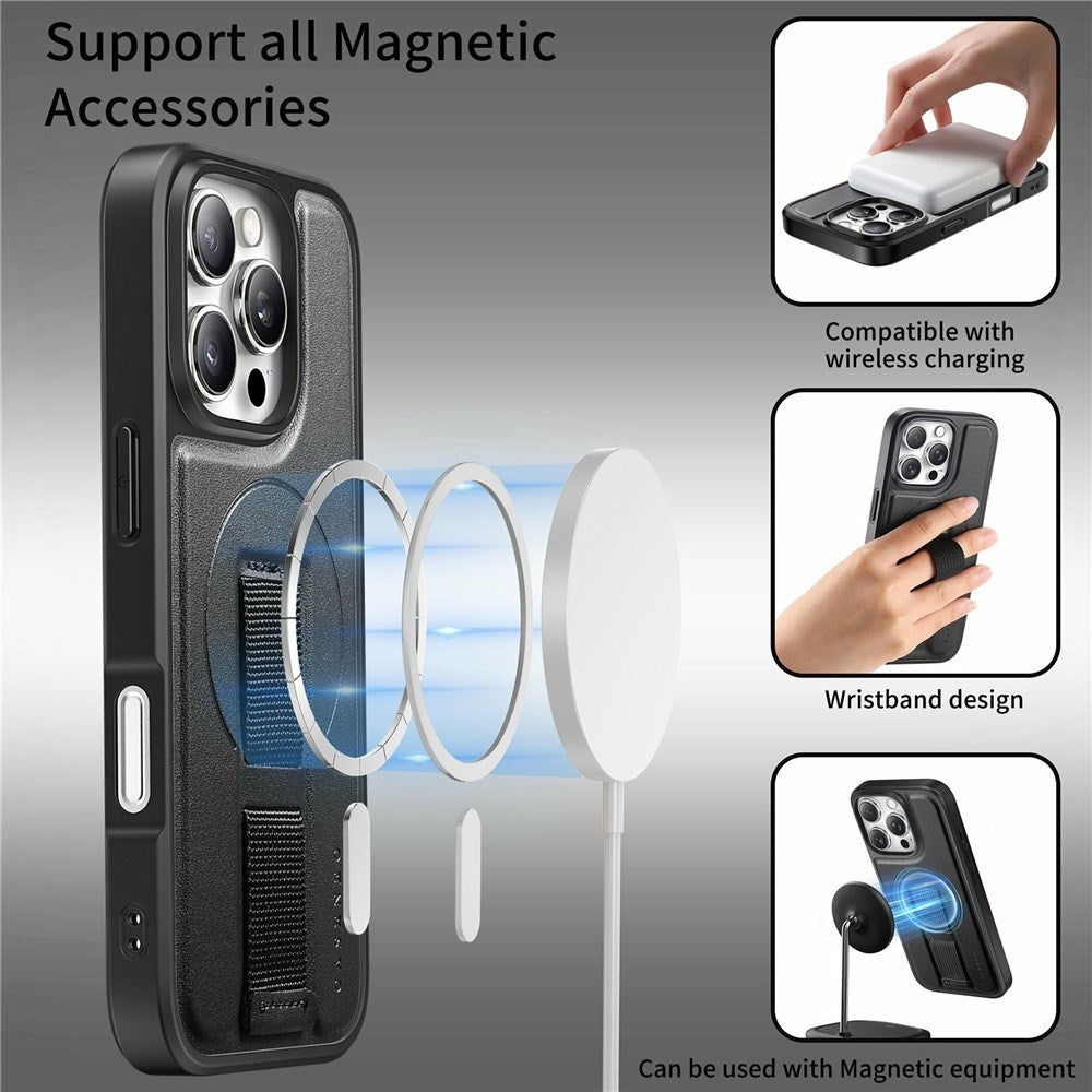 iPhone 16 Pro Hårdt Plastik Cover m. Kunstlæder Bagside & Fingerrem - MagSafe Kompatibel - Sort