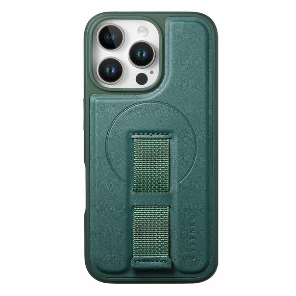 iPhone 16 Pro Hårdt Plastik Cover m. Kunstlæder Bagside & Fingerrem - MagSafe Kompatibel - Grøn