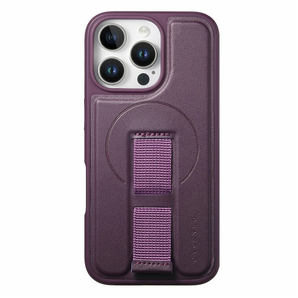 iPhone 16 Pro Hårdt Plastik Cover m. Kunstlæder Bagside & Fingerrem - MagSafe Kompatibel - Lilla