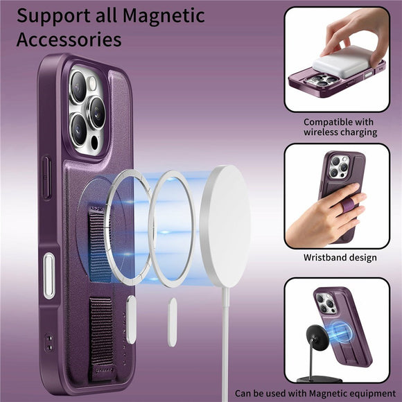 iPhone 16 Pro Hårdt Plastik Cover m. Kunstlæder Bagside & Fingerrem - MagSafe Kompatibel - Lilla