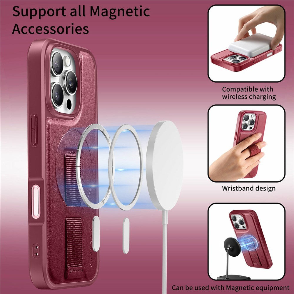 iPhone 16 Pro Hårdt Plastik Cover m. Kunstlæder Bagside & Fingerrem - MagSafe Kompatibel - Rød
