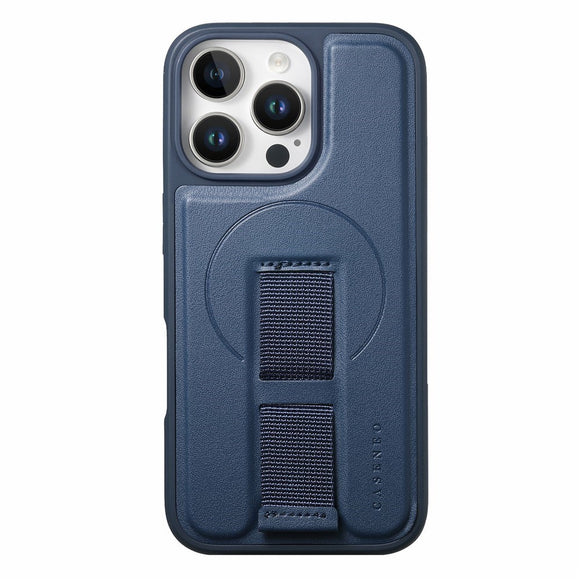 iPhone 16 Pro Hårdt Plastik Cover m. Kunstlæder Bagside & Fingerrem - MagSafe Kompatibel - Blå