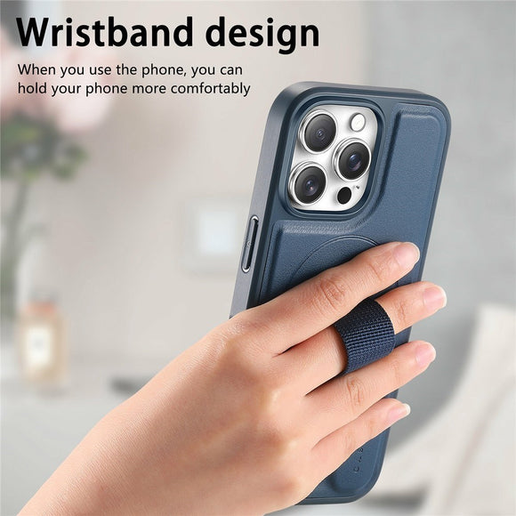 iPhone 16 Pro Hårdt Plastik Cover m. Kunstlæder Bagside & Fingerrem - MagSafe Kompatibel - Blå