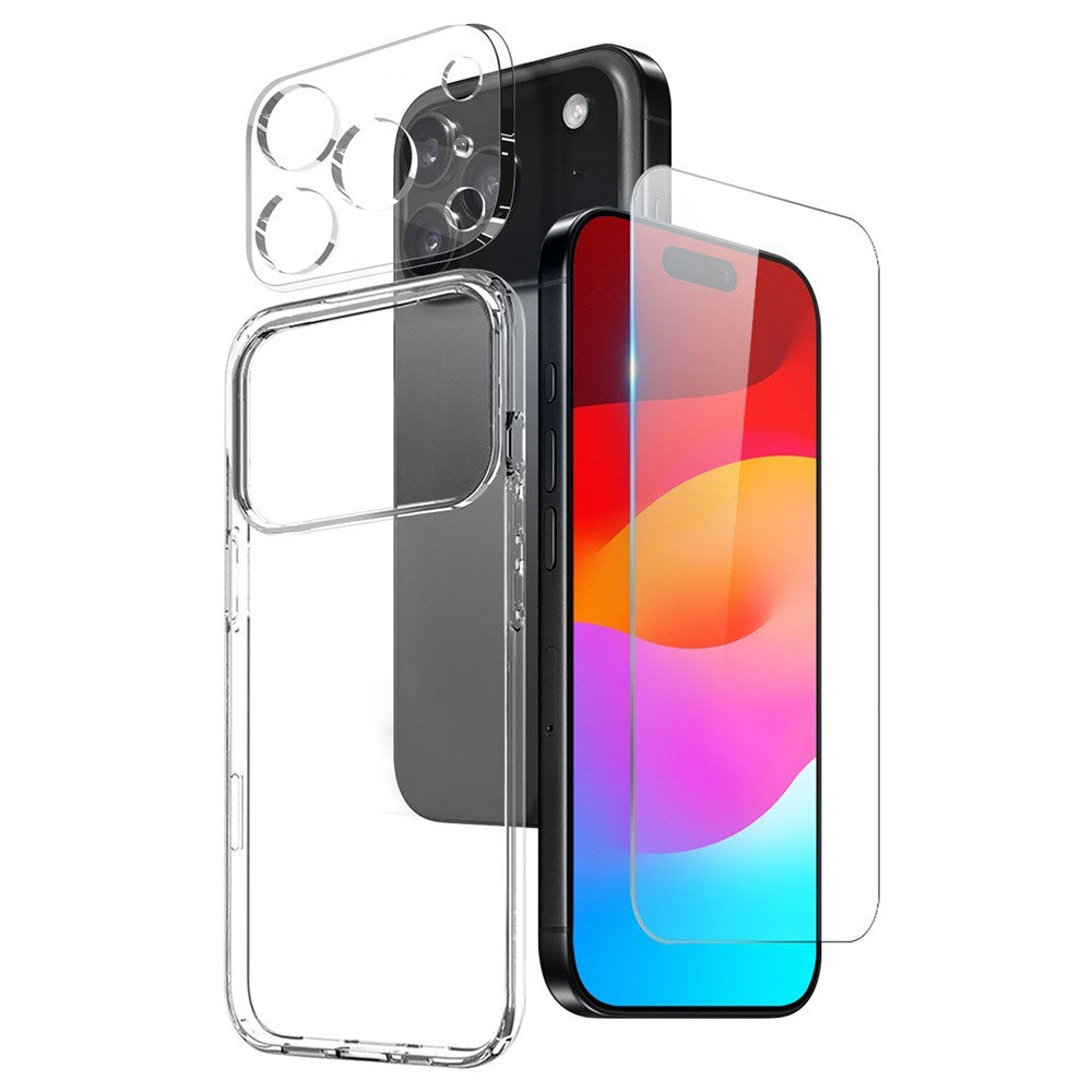 NORTHJO iPhone 17 Pro Max 3-i-1 Beskyttelsessæt m. Fleksibelt Plastik Cover / Hærdet Skærmbeskyttelsesglas / Kameralinsebeskyttelsesglas - Gennemsigtig
