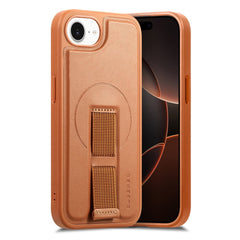 iPhone 16e Hårdt Plastik Cover m. Kunstlæder Bagside & Fingerrem - MagSafe Kompatibel - Brun