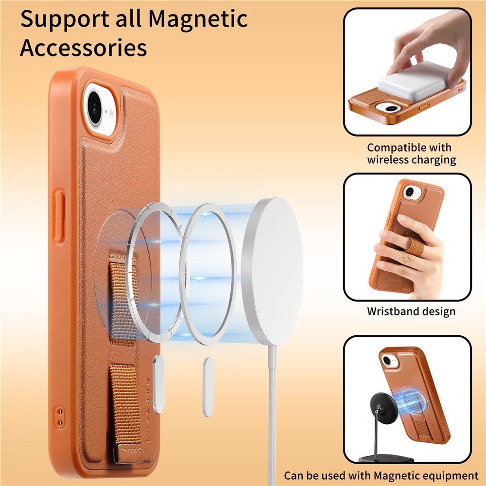 iPhone 17e / 16e Hårdt Plastik Cover m. Kunstlæder Bagside & Fingerrem - MagSafe Kompatibel - Brun