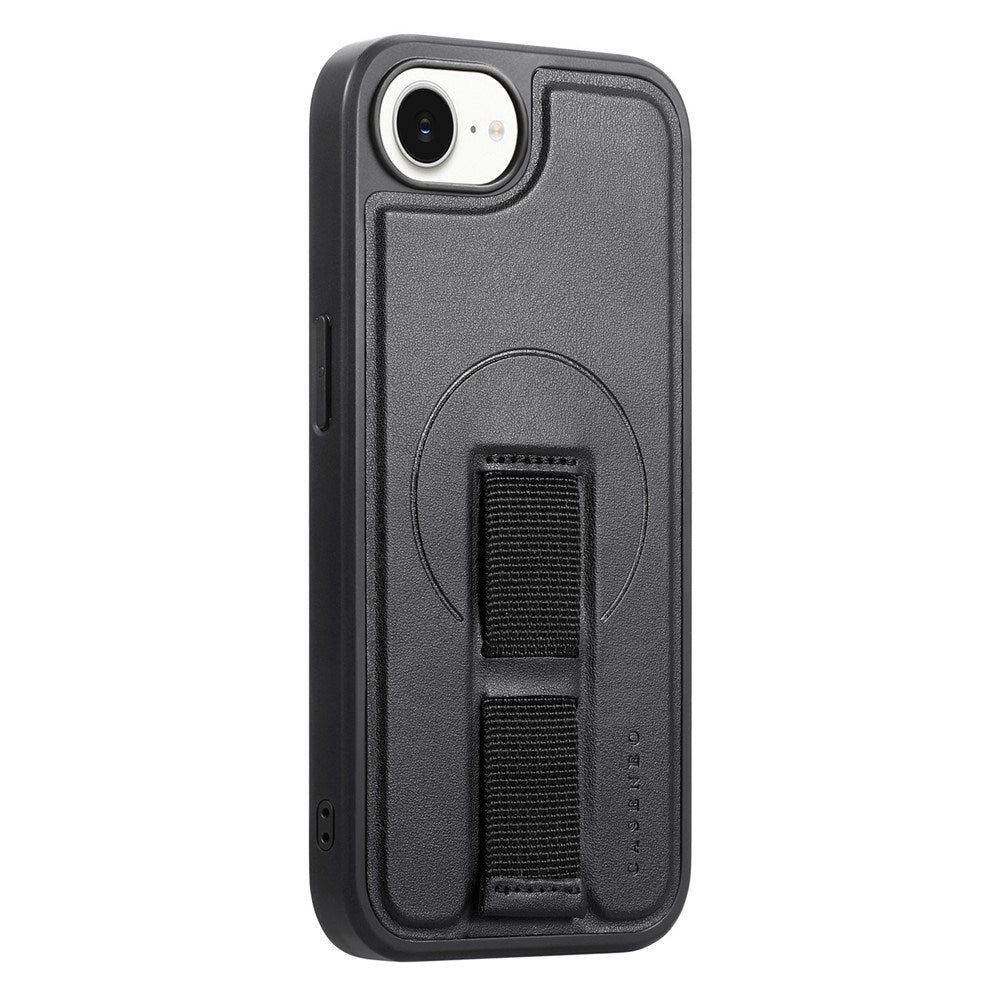 iPhone 17e / 16e Hårdt Plastik Cover m. Kunstlæder Bagside & Fingerrem - MagSafe Kompatibel - Sort