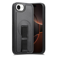 iPhone 16e Hårdt Plastik Cover m. Kunstlæder Bagside & Fingerrem - MagSafe Kompatibel - Sort