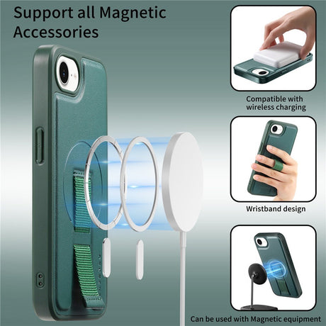 iPhone 17e / 16e Hårdt Plastik Cover m. Kunstlæder Bagside & Fingerrem - MagSafe Kompatibel - Grøn