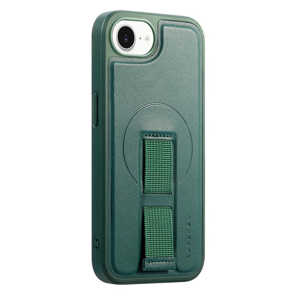 iPhone 17e / 16e Hårdt Plastik Cover m. Kunstlæder Bagside & Fingerrem - MagSafe Kompatibel - Grøn