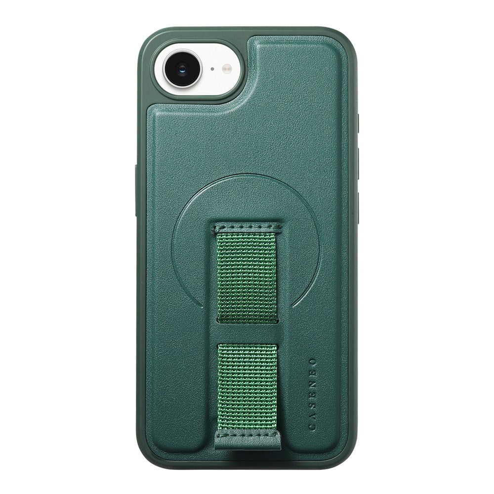 iPhone 17e / 16e Hårdt Plastik Cover m. Kunstlæder Bagside & Fingerrem - MagSafe Kompatibel - Grøn